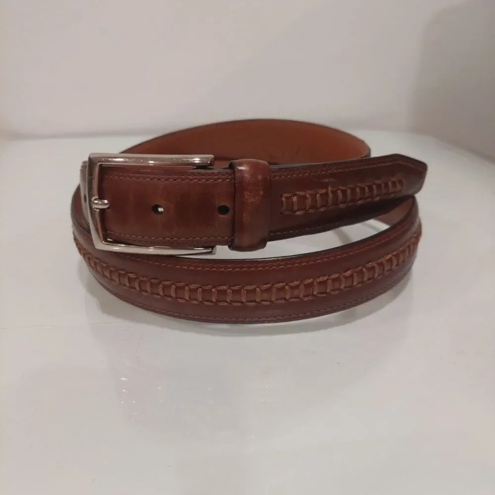 Johnston & Murphy Mens Belt Stitched Brown Silver Tone Buckle 40